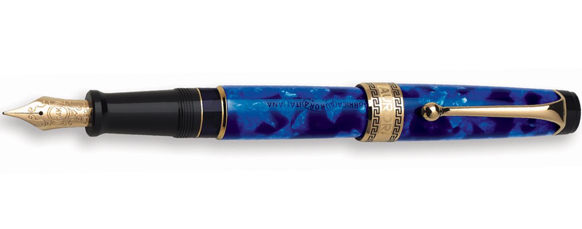 Aurora Optima Penna Stilografica in Auroloide Screziata - Finiture Dorate - Blu