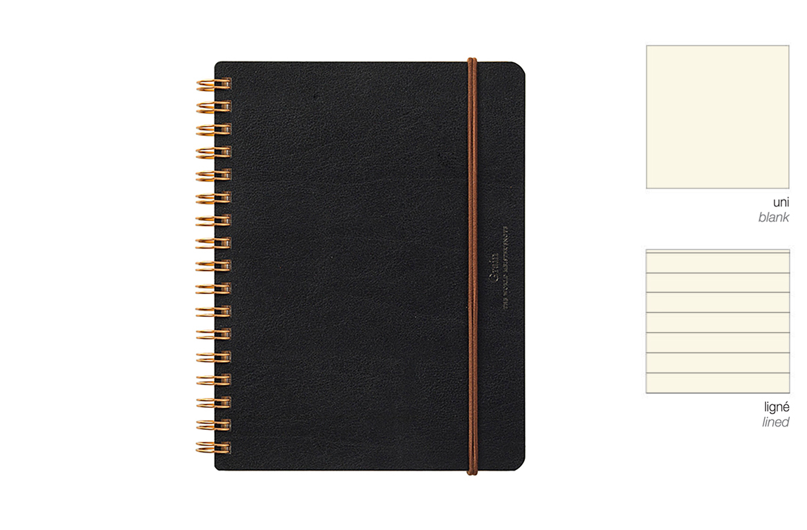 Midori - MD Paper - Notebook Spirale - Bianco e Rigo - Copertina Pelle Riciclata Nera