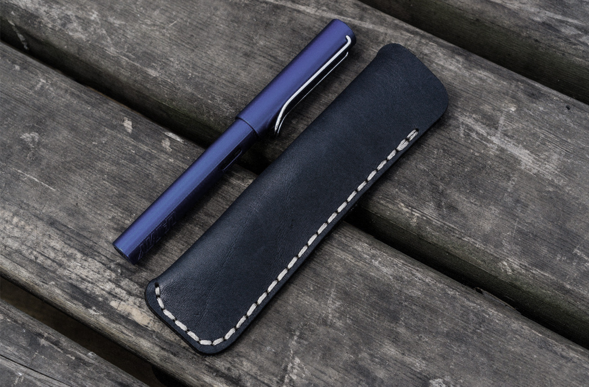 Galen Leather Single Fountain Pen Case - Navy Blue