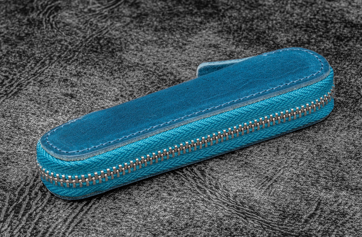 Galen Leather Zippered Pen Case - 1 Posto per Kaweco - Crazy Horse Ocean Blue