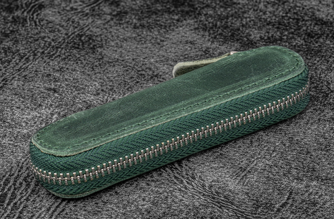 Galen Leather Zippered Pen Case - 1 Posto per Kaweco - Crazy Horse Forest Green