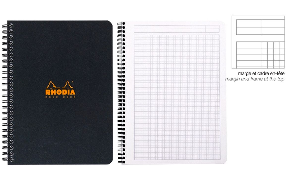 Rhodia Notebook con Spirale Laterale - Quadretto con margine - Black Orange White A4+